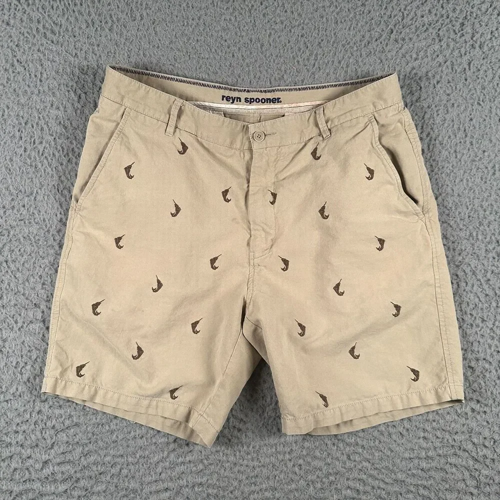 Reyn Spooner Shorts Men's 32 Beige Marlin Fish All Over Embroider 7